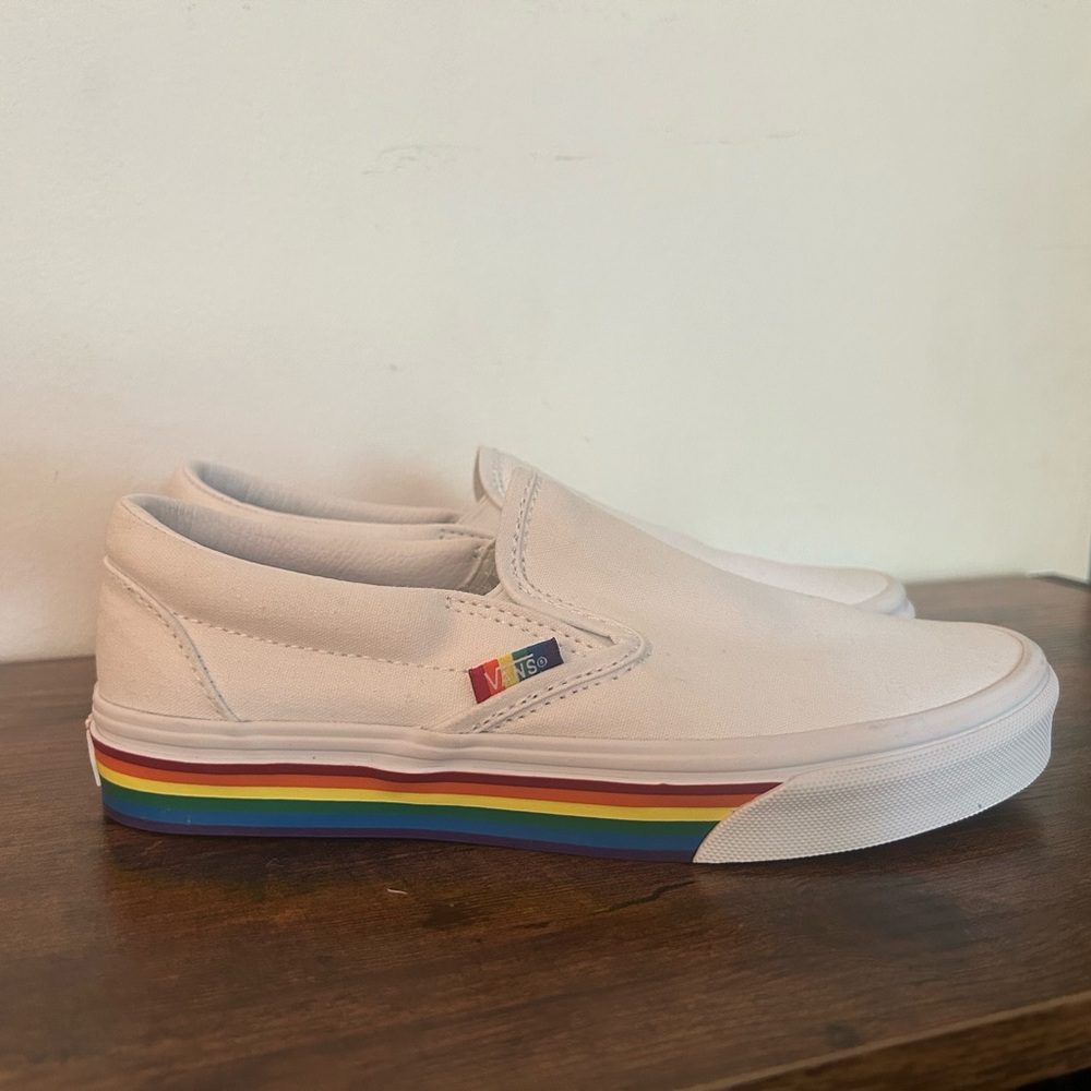 Vans White Slip-On Shoes with Rainbow Sole